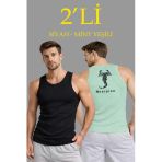Erkek Spor Slimfit Fitilli Kaşkorse Arka Basklı Atlet 2'li Set Siyah-Mint Yeşili