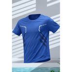 Erkek Spor Tişört Antreman Gym Polyester Erkek Sporcu T-shirt ŞERİTLİ-TİŞÖRT (Mavi, L)