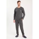 Erkek Standart Fit %100 Pamuk Bisiklet Yaka Beli Lastikli Antrasit Pijama Takımı