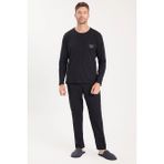 Erkek Standart Fit %100 Pamuk Bisiklet Yaka Beli Lastikli Siyah Pijama Takımı