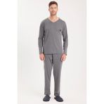 Erkek Standart Fit %100 Pamuk V Yaka Beli Lastikli Gri Pijama Takımı