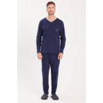 Erkek Standart Fit %100 Pamuk V Yaka Beli Lastikli Lacivert Pijama Takımı