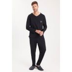 Erkek Standart Fit %100 Pamuk V Yaka Beli Lastikli Siyah Pijama Takımı
