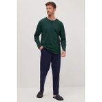 Erkek Standart Fit Normal Kesim %100 Pamuk Bisiklet Yaka Beli Lastikli Lacivert Pijama Takımı
