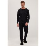 Erkek Standart Fit Normal Kesim %100 Pamuk Bisiklet Yaka Beli Lastikli Siyah Pijama Takımı