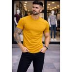 Erkek T-Shirt Bisiklet Yaka Slim Fit Dar Kesim Likralı Tişört Günlük Basic Body - Limon - XL