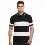Erkek T-Shirt Çizgili Triko Dokuma Kumaş Polo Yaka Yarım Fermuarlı Regular Kalıp Tişört - Siyah 8991607