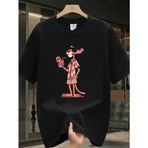Erkek T-Shirt Pembe Panter Baskılı Kısa Kollu Tişört - Siyah