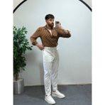 Erkek Taba Beyaz Dikey Çizgili Yarım Oversize Gömlek Modern Tarz, Nefes Alan Ince Kumaş Şık