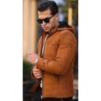 Erkek Taba Dar Kesim Kapüşonlu Süet Mont - 5XL