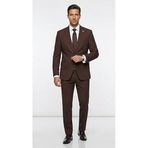 Erkek Takım Elbise - Slim Fit 2’li Set - Esnek Duble Face Kumaş 2 Düğmeli Çift Yırtmaçlı Modern Klasik Takım (Kahve, 64)