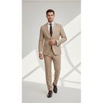 Erkek Takım Elbise - Slim Fit, Mikro Desenli Pamuklu Dokuma Ceket Pantolon Seti (Bej, 54)