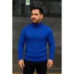 Erkek Tam Boğazlı Balıkçı Yaka Triko Kazak Kalın Fitilli - Saks Mavisi - 2XL