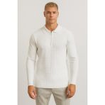 Erkek Tam Kalıp Düz Renk Polo Yaka Fermuarlı Uzun Kollu Triko Kazak - LP903 - Beyaz - 2XL