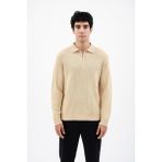 Erkek Tam Kalıp Düz Renk Polo Yaka Fermuarlı Uzun Kollu Triko Kazak - LP903 - Ekru - XL