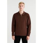 Erkek Tam Kalıp Düz Renk Polo Yaka Fermuarlı Uzun Kollu Triko Kazak - LP903 - Kahverengi - 2XL