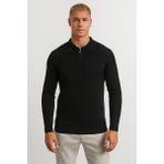 Erkek Tam Kalıp Düz Renk Polo Yaka Fermuarlı Uzun Kollu Triko Kazak - LP903 - Siyah - 2XL