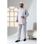 Erkek Tek Cepli Hakim Yaka Gömlek Pantolon Keten Ikili Takım Hac Umre Kıyafeti - Gri - 3XL