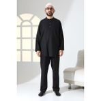 Erkek Tek Cepli Hakim Yaka Gömlek Pantolon Keten Ikili Takım Hac Umre Kıyafeti - Siyah - 3XL