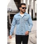 Erkek Trend Polo Yaka Slim Fit Denim Jeans Açık Mavi Kot Ceket - Kar Yıkama