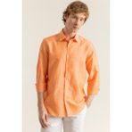 Erkek Turuncu Keten Cepsiz Modern Fit Gömlek - 4XL