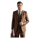 Erkek Üç Parça Takım Elbise, Blazer Ceket Yelek Pantolon Seti, Resmi İş Düğün (KAHVE RENGİ, 50)