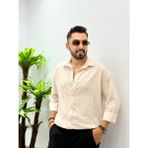 Erkek Uzun Kol Gömlek Olive Efektif Keten Oversize Çizgili Pamuk Keten Gömlek - Bej - XL