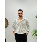 Erkek Uzun Kol Gömlek Olive Efektif Keten Oversize Çizgili Pamuk Keten Gömlek - Beyaz - XL
