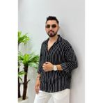 Erkek Uzun Kol Gömlek Olive Efektif Keten Oversize Çizgili Pamuk Keten Gömlek - Siyah - XL