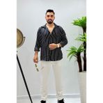 Erkek Uzun Kol Gömlek Olive Efektif Keten Oversize Çizgili Pamuk Keten Gömlek - Siyah