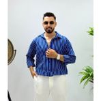 Erkek Uzun Kol Gömlek Olive Efektif Keten Oversize Çizgili Pamuk Keten Gömlek