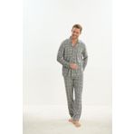 Erkek Uzun Kol Gömlek Yaka Önden Düğmeli Gri Pijama Takım C1T4N5O9