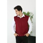Erkek V Yaka Kolsuz Süveter Triko Kazak Yumuşak Dokulu Pamuklu İnce Dokuma Regular - Bordo