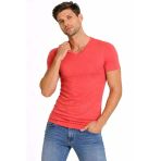 Erkek V Yaka Slim Fit Dar Kesim Likralı Tişört - Nar Çiçeği