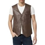 Erkek V Yaka Slim Fit Suni Deri Yelek, Kahverengi, Çıtçıt Kapamalı, Günlük Kullanım,%70 Elastan%30 Polyester Karışım (Açık Kahverengi Suni Deri Yelek, 4XL)