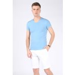Erkek V Yaka T-shirt Mavi