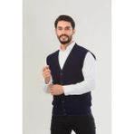 Erkek V Yaka Triko Düğmeli Cepli Çizgi Desenli Regular Fit Tüylenmeyen Örgü Yelek - Lacivert