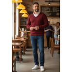 Erkek V Yaka Triko Uzun Kol Standart Fit Tüylenmeyen Triko Kışlık Örgü Kazak - Bordo - XL