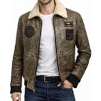 Erkek Vintage Pilot Model %100 Saf Deri Kürk Yakalı Mont – Üretici Garantili 1025 - Haki - XL