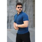 Erkek Viskon Kumaş Polo Yaka Desenli Tişört - Mavi - 3XL