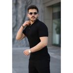 Erkek Viskon Kumaş Polo Yaka Desenli Tişört - Siyah - 3XL