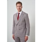 Erkek Vizon Tend Keten Kruvaze Slim Fit Sivri Yaka Takım Elbise