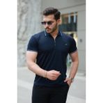 Erkek Yaka ve Kolları Çizgi Detaylı Fermuar Yakalı Kısa Kollu Tişört - Lacivert - 2XL