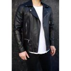 Erkek Yeni Sezon Siyah Biker Deri Ceket
