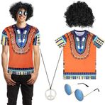 Erkekler İçin 4 Parça Hippi Seti, Tişört, Afro Peruk, Barış Kolye ve Güneş Gözlüğü İçerir, Xl Beden 60S 70S Kostümleri İçin, çok renkli, One Size