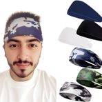 Erkekler için Ter Saç Bantları, Spor Salonu için 6'lı Paket Egzersiz Spor Saç Bandı, Fitness, Koşu, Bisiklet, Yürüyüş için İdeal (Kamuflaj+Düz Renk)