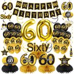 Erkekler Kadınlar için 36 Adet 60. Doğum Günü Dekorasyon Seti, Siyah Altın Mutlu 60 Doğum Günü Afiş Balonlar Petek Orta Parça Asılı Swirls Kiti Parti Malzemeleri, Altmış Yaşındaki Bday Tavan Masa Üstü