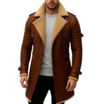 Erkekler Kahverengi Shearling Astarlı Deri Uzun Ceket Ayarlanabilir Toka Askıları, Sıcak Polyester Astar, Kış Dış Giyim, siyah, M