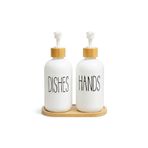 ERKUGO Bambu Standlı 2’li Cam Sıvı Sabunluk Seti 550 ml | Mutfak ve Banyo İçin Doğal Bambu Organizer