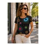 ERLINE KADIN YUVARLAK YAKALI DESENLİ ESNEK T-SHIRT ANNELER GÜNÜ